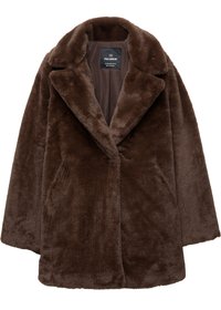 Manteau en fausse fourrure marron avec un large col, fermeture à un bouton, et poches frontales. Texture douce et coupe ample, idéal pour le superposition.