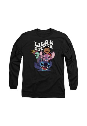 Schwarzes langärmliges Shirt mit Lilo, Stitch und Stitches rosa Alien-Cousin sowie dem Text "Lilo & Stitch" darüber.