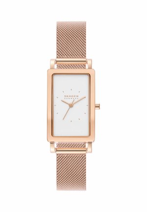 Rechthoekig roségouden polshorloge met witte wijzerplaat, minimalistische markers en meshband, toont tijd 10:10:36, Skagen Denmark branding.