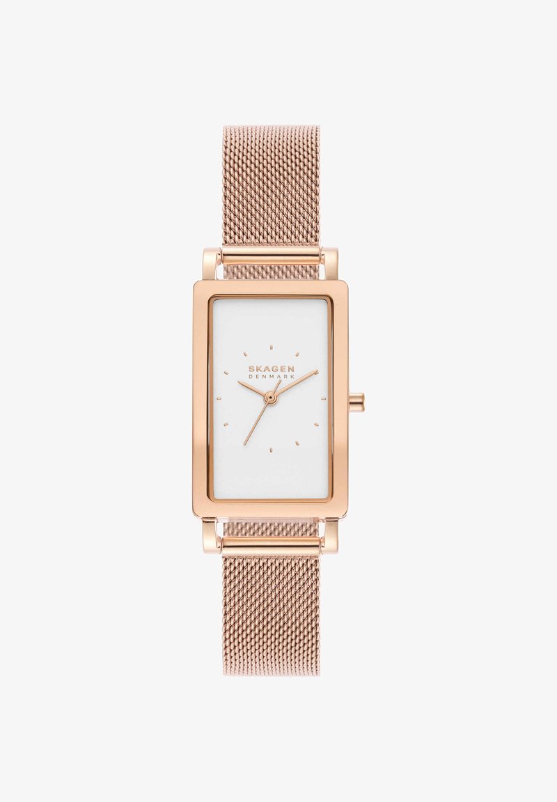 Prostokątny zegarek na rękę w różowym złocie z białą tarczą, minimalistycznymi znacznikami i siateczkowym paskiem, wskazujący czas 10:10:36, marka Skagen Denmark.