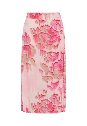 Gonna rosa al ginocchio con motivo floreale rosso e beige e cintura elastica, mostrata su sfondo bianco.