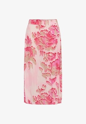 Gonna rosa al ginocchio con motivo floreale rosso e beige e cintura elastica, mostrata su sfondo bianco.