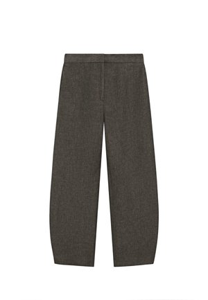 Dunkelgraue, weit geschnittene Hose mit hoher Taille und maßgeschneiderter Vorderseite, gefertigt aus strukturiertem gewebtem Stoff, auf einem weißen Hintergrund liegend dargestellt.