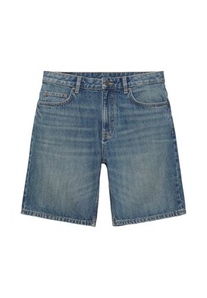 Shorts en denim avec poches avant, passants pour ceinture, fermeture par bouton et délavage bleu moyen effacé.