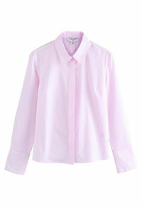 Light pink long-sleeve button-down shirt with subtle vertical stripes, classic collar, and concealed front buttons.