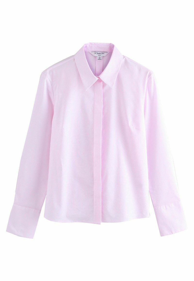Light pink long-sleeve button-down shirt with subtle vertical stripes, classic collar, and concealed front buttons.