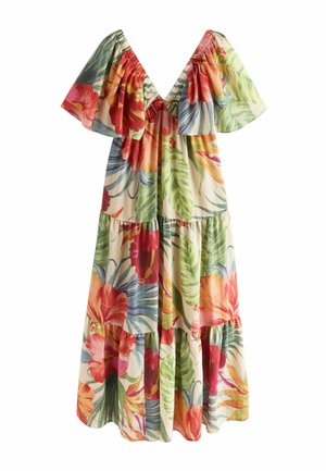 Midikleid mit gestuftem Rock, schulterfreien Rüschenärmeln und buntem tropischem Blumenmuster in Rot-, Grün-, Orange- und Blautönen.