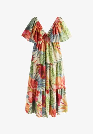 Midi šaty s vrstvenou sukňou, odhalenými ramenami s volánikovými rukávmi a farebnou tropickou kvetinovou potlačou v červených, zelených, oranžových a modrých odtieňoch.
