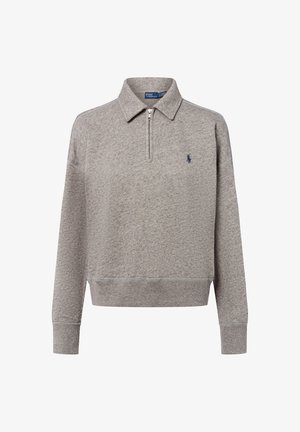 Szary polo sweatshirt z miękkiej, teksturowanej tkaniny, z zamkiem błyskawicznym przy kołnierzu, ściągaczami na rękawach oraz małym granatowym logo na piersi.
