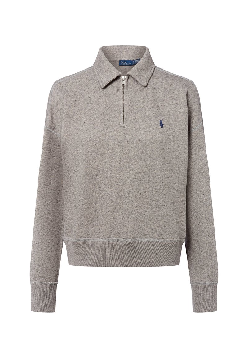 Szary polo sweatshirt z miękkiej, teksturowanej tkaniny, z zamkiem błyskawicznym przy kołnierzu, ściągaczami na rękawach oraz małym granatowym logo na piersi.