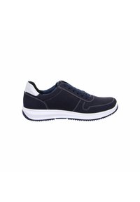Navy blue athletic shoes with white accents, featuring a smooth upper, perforated detailing, and a white midsole with a textured sole.