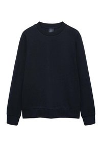 Sudadera azul marino, de cuello redondo, de mangas largas, hecha de una tela suave, con puños y dobladillo acanalados, diseño minimalista sin patrones.