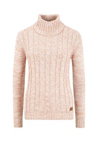 Pull à col roulé en maille torsadée rose clair avec manches longues et une petite étiquette logo marron près de l'ourlet sur fond blanc.
