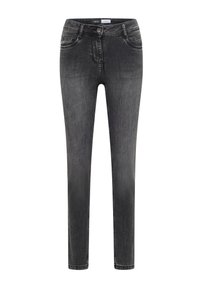Czarne dżinsy z denimu o wąskim kroju, z klasycznym pięciokieszeniowym designem, subtelnym blaknięciem i metalowym guzikiem zapinanym w talii.