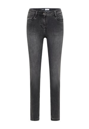 Schwarze Denim-Jeans mit schmaler Passform, ausgestattet mit einem klassischen Fünf-Taschen-Design, dezentem Verblassen und einem Metallknopfverschluss an der Taille.