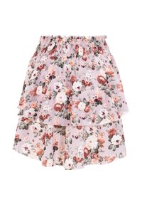 Jupe à volants florale violet clair avec taille élastiquée smockée, comportant des fleurs blanches, roses et couleur rouille, ainsi que des feuilles vertes.