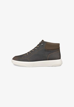 Ciemnobrązowe skórzane sneakersy za kostkę z jasnobrązowym przeszyciem, teksturowanym fabrycznym kołnierzem i białą gumową podeszwą. Posiadają sznurowane zapięcie i logo na pięcie.