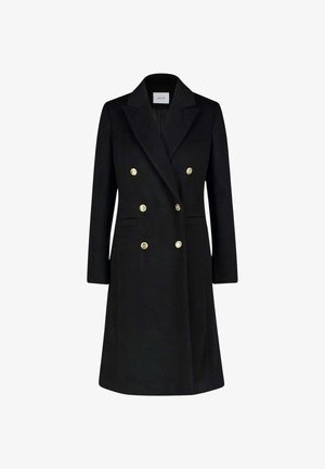 Cappotto lungo doppiopetto nero con sei bottoni dorati, revers a intaglio e due tasche anteriori.