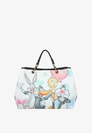 Borsa bianca con manici neri con personaggi dei cartoni animati Bugs Bunny, Daffy Duck, Tweety e Sylvester, con accenti di sfondo colorati.