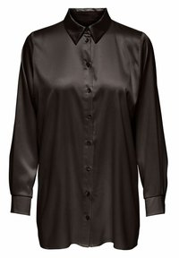 Chemise en satin noire à manches longues avec un col pointu et une fermeture à boutons sur le devant, dotée de poignets à boutons et d'une texture lisse et brillante.