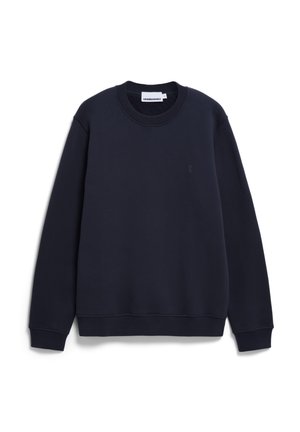 Marineblaues Sweatshirt aus Baumwolle mit Rundhalsausschnitt, gerippten Bündchen und einem dezenten Logo auf der Brust. Glatte Textur, lockere Passform.