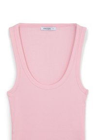 Top senza maniche a coste rosa chiaro, con scollatura a girocollo e spalline larghe, etichettato taglia piccola da Calliope.