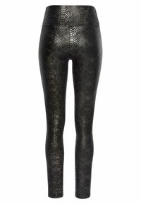 Mustat leggingsit, joissa on tekonahkakuosi, korkea vyötärö ja sileä, kiiltävä pinta. Ominaisuuksina istuva silhouette ja joustava kangas.