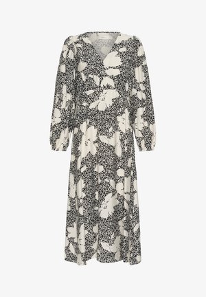 Melnā un baltā krāsā pārklāta ziedu raksta kleita ar V veida izgriezumu, garām pūkainām piedurknēm un plūstošu A-siluetu, izgatavota no gludas auduma.