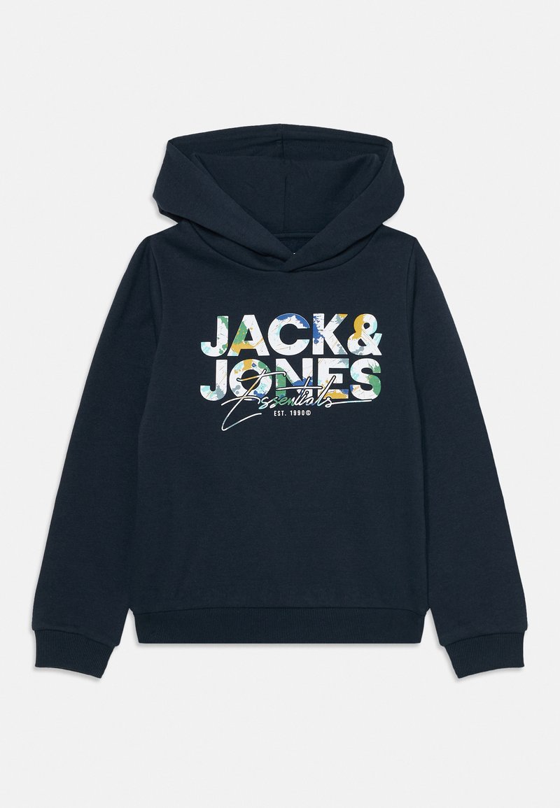 Felpa con cappuccio blu navy realizzata in cotone morbido, caratterizzata da un logo grafico multicolore che include testo e accenti stilizzati.