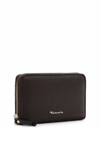 Brown leather wallet with textured surface, gold zip closure, and Tamaris branding on the front. Compact rectangular shape.