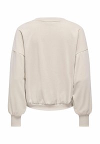 Pullover beige chiaro con scollo rotondo, spalle scese e orlo e polsi elasticizzati. Texture del tessuto liscia e morbida.