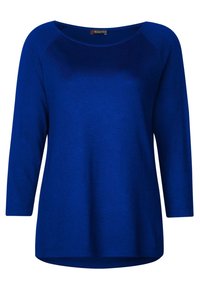 Haut bleu à manches longues avec un décolleté dégagé et des manches raglan, fabriqué dans un tissu doux et lisse avec une coupe légèrement décontractée.