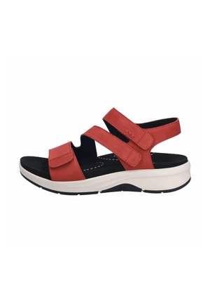 Red leather sandals with a black cushioned sole, featuring two adjustable Velcro straps and a white midsole. Flat, open design.