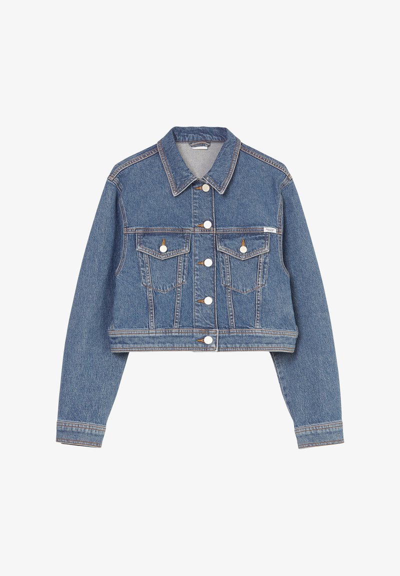 Cropped denim jacket in medium blue, featuring a button-front closure, two chest pockets, and subtle stitching details. Classic collar and long sleeves.