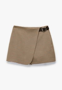 Skørt i houndstooth-mønster i beige og brun, med en sidelukning med spænde og et struktureret design. Glat, tekstureret stof.