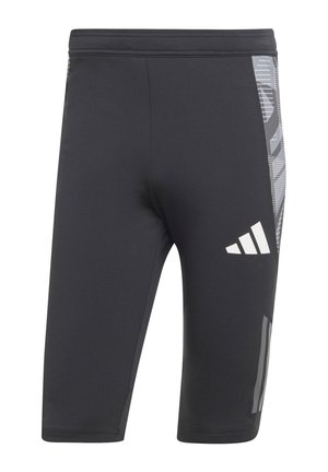 Pantaloni sportivi neri realizzati in un tessuto liscio ed elastico. Presentano un pannello laterale grigio a motivo e un logo bianco sulla coscia sinistra.