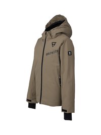 Giacca invernale khaki con cappuccio, zip nera, polsini neri e logo "BRUNOTTI" sul petto e sulla manica.