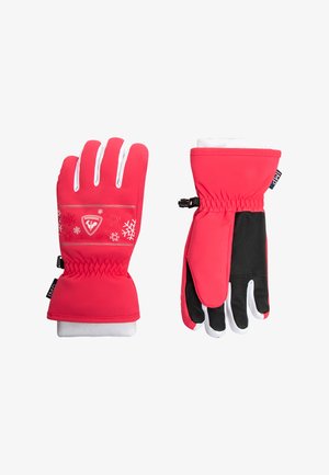 Guantes de invierno rosas con un exterior impermeable, detalles en blanco, ajuste elástico en la muñeca y palma texturizada negra para un mejor agarre.