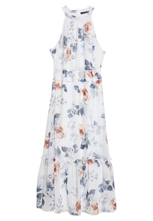 Robe longue fleurie en tissu léger, avec une base blanche ornée de motifs floraux bleus et orange, col montant, et ourlet à volants.