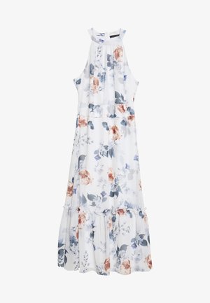 Robe longue fleurie en tissu léger, avec une base blanche ornée de motifs floraux bleus et orange, col montant, et ourlet à volants.