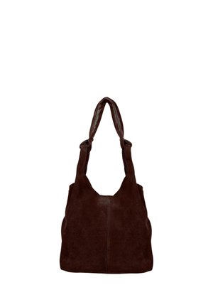 Dark brown leather shoulder bag with wide padded straps and a soft, slightly slouchy body on a white background.