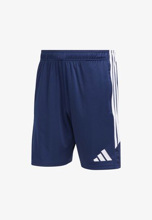 Pantalones cortos deportivos azul marino con cintura elástica, franjas laterales blancas y logo blanco de Adidas en la parte inferior de la pierna izquierda.