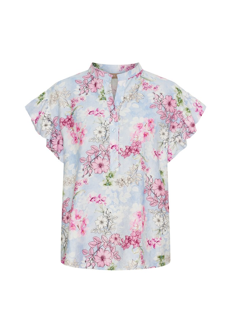 Lyseblåt blomster blouse med korte ærmer, prydet med mønstre af lyserøde og hvide blomster, en mandarin krave og knaplukning. Blødt stof med en behagelig tekstur.