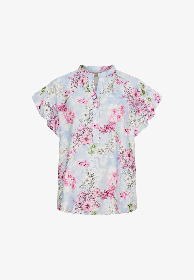 Lyseblåt blomster blouse med korte ærmer, prydet med mønstre af lyserøde og hvide blomster, en mandarin krave og knaplukning. Blødt stof med en behagelig tekstur.