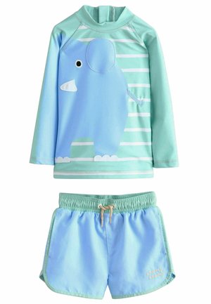 Light blue swim set featuring a long-sleeve top with an elephant design and horizontal stripes, paired with matching elastic waist shorts.