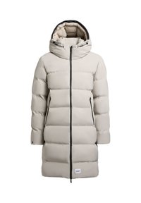 Lys grå pufferjakke med hætte, med lynlås foran, to sidelommer og kontrasterende sort piping langs kanterne.
