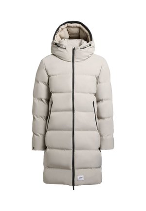 Világosszürke puffernadrág kapucnival, elülső cipzárral, két oldalsó zsebbel és kontrasztos fekete díszítéssel a szélein.