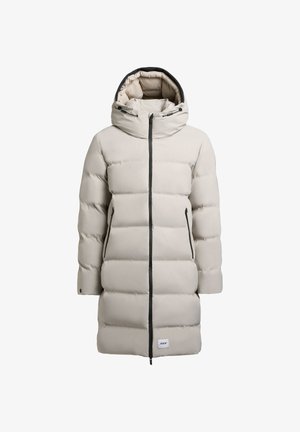 Világosszürke puffernadrág kapucnival, elülső cipzárral, két oldalsó zsebbel és kontrasztos fekete díszítéssel a szélein.