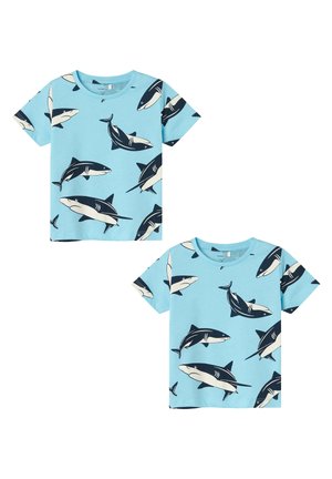 2ER-SET KURZARM NORMAL GESCHNITTEN RUNDHALS - Print T-shirt - blau