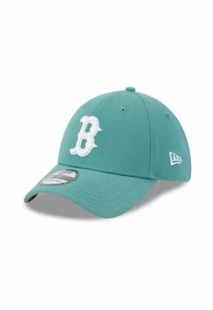 Teal baseball cap with white stitched "B" logo on front and small white brand logo on side, curved brim, and size sticker on visor.